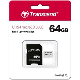 Карта памяти MicroSD 64GB Transcend, TLC, UHS-I, U1, до 60MB/s + SD Adapter (TS64GUSD300S-A) фото