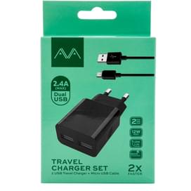 Сетевое зарядное устройство 2*USB, 2.4A + каб. MicroUSB, AVA, Черный (AV-CHT002M) фото