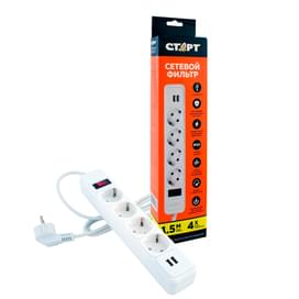 Сетевой фильтр СТАРТ 1,5м, 4 розетки, 10A, 2хUSB, белый (4610116223697) фото
