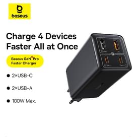 Адаптер питания Baseus, GaN6 USB-C*2+A*2 100W с каб, Black (BAS-P1016270511200) фото
