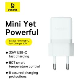 Адаптер питания Baseus, Palm USB-C 30W с каб, White (BAS-P1011160521301) фото