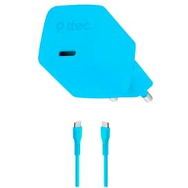 Адаптер и кабель ttec SmartCharger GAN 20W PD Travel Fast Charger + USB-C - USB-C 3A Cable 120cm, Neon Blue фото