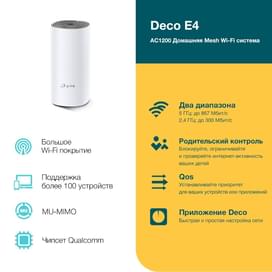 Домашняя Mesh Wi-Fi система, TP-Link Deco E4 , 2 порта, 1167 Mbps (Deco E4 (1-pack)) фото