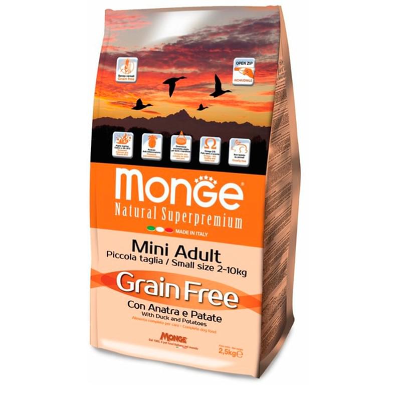Сухой корм Monge Grain Free беззерновой для собак мелких пород с уткой и картофелем 2,5 кг - фото #0, Technodom.kz