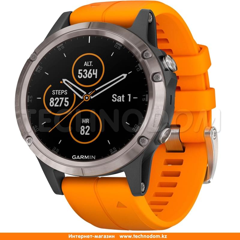 Смарт-часы Garmin Fenix 5 Plus Sapphire Titanium with Solar Flare Orange - фото #1, Technodom.kz