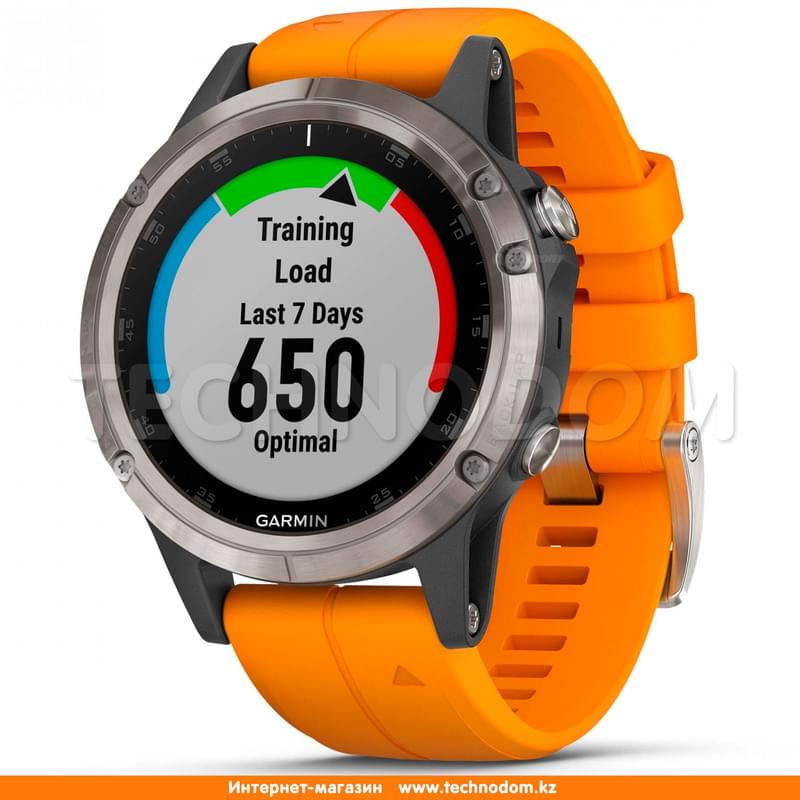 Смарт-часы Garmin Fenix 5 Plus Sapphire Titanium with Solar Flare Orange - фото #3, Technodom.kz