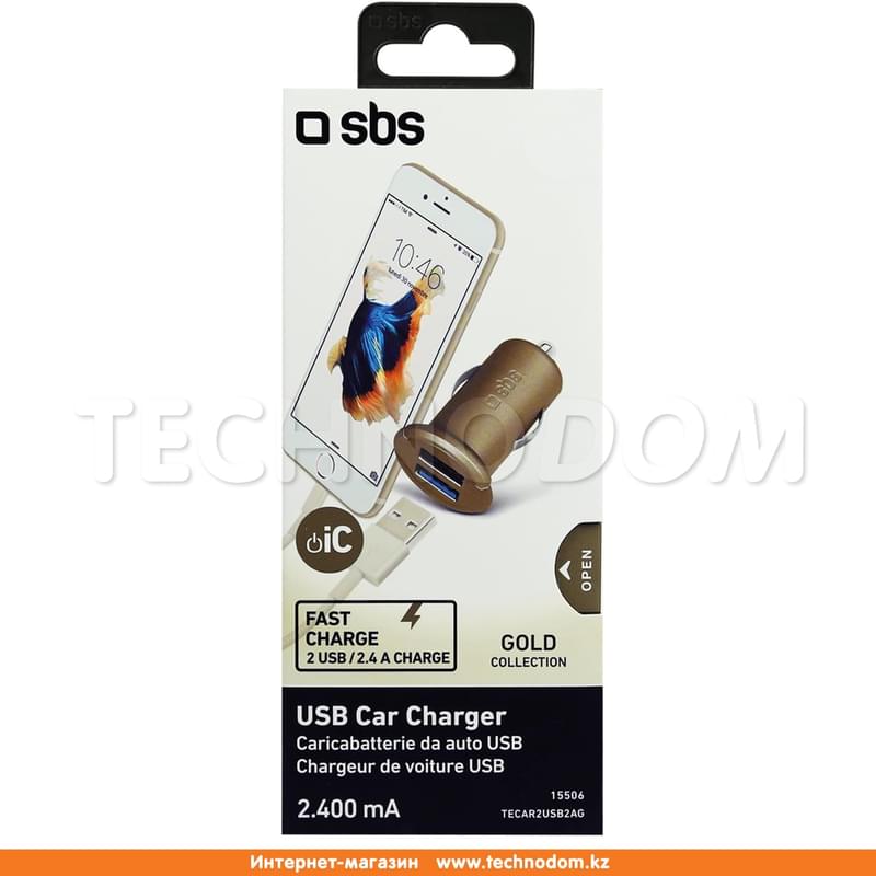 Автомобильное зарядное устройство 2*USB 2.4A, SBS, Gold (TECAR2USB2AG) - фото #1, Technodom.kz