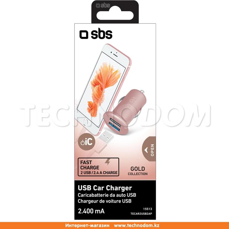 Автомобильное зарядное устройство 2*USB 2.4A, SBS, Rose Gold (TECAR2USB2AP) - фото #2, Technodom.kz
