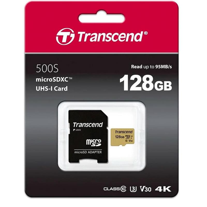 Карта памяти MicroSD 128GB Transcend, MLC, UHS-I, U3, до 95MB/s + SD Adapter (TS128GUSD500S) - фото #0, Technodom.kz