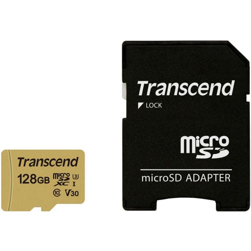 Карта памяти MicroSD 128GB Transcend, MLC, UHS-I, U3, до 95MB/s + SD Adapter (TS128GUSD500S) - фото #1, Technodom.kz