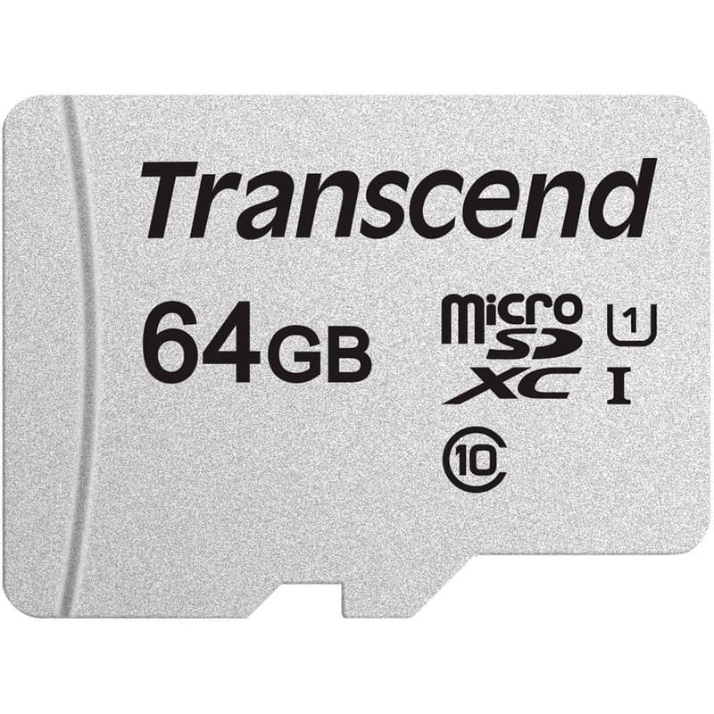 Карта памяти MicroSD 64GB Transcend, TLC, UHS-I, U1, до 60MB/s + SD Adapter (TS64GUSD300S-A) - фото #1, Technodom.kz