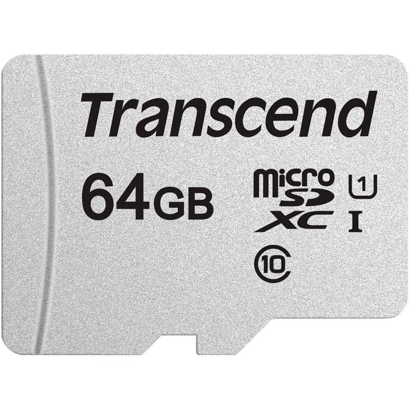 MicroSD 64GB Transcend Жады картасы, TLC, UHS-I, U1, 60MB/s дейін + SD Adapter (TS64GUSD300S-A) - фото #1, Technodom.kz