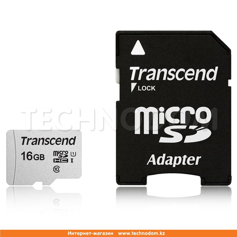 Карта памяти MicroSD 16GB Transcend, TLC, UHS-I, U1, до 60MB/s + SD Adapter (TS16GUSD300S-A) - фото #0, Technodom.kz