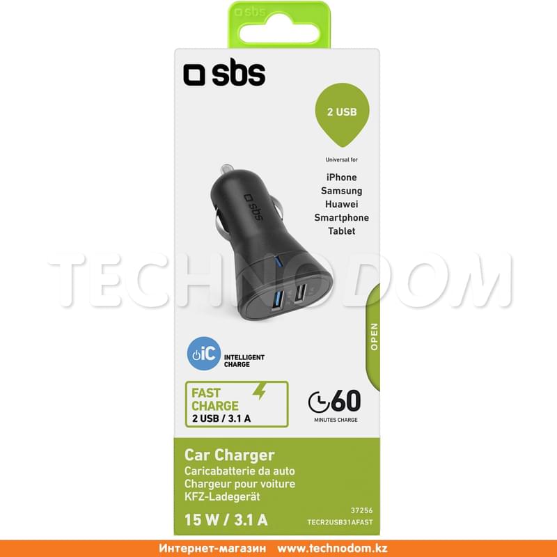 Автокөлікте 2*USB зарядтау құрылғысы, 3.1A, Fast Charge, SBS, Қара (TECR2USB31AFAST) - фото #0, Technodom.kz
