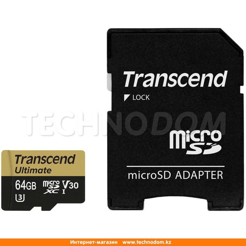Карта памяти MicroSD 64GB Transcend, MLC, UHS-I, U3, до 60MB/s + SD Adapter (TS64GUSDU3M) - фото #0, Technodom.kz