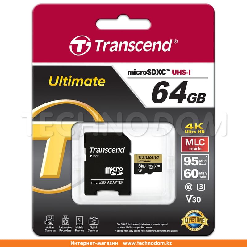 Карта памяти MicroSD 64GB Transcend, MLC, UHS-I, U3, до 60MB/s + SD Adapter (TS64GUSDU3M) - фото #2, Technodom.kz