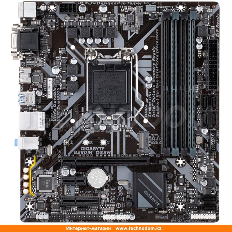 Материнская плата Gigabyte B360M DS3H LGA1151v2 4DDR4 PCI-E 2x16 1x1 (HDMI+D-Sub+DVI-D)mATX - фото #0, Technodom.kz