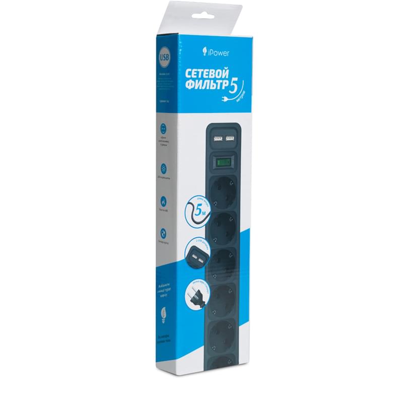 Сетевой фильтр iPower, 6 роз, 2*USB, 5м, Black (iPEO5m-USB) - фото #2, Technodom.kz