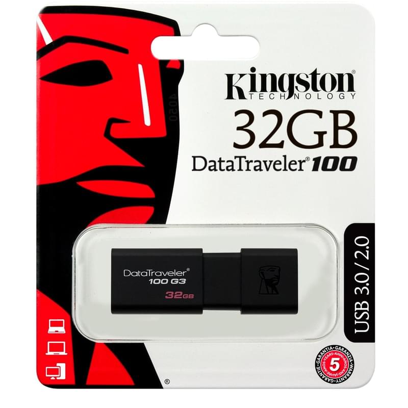 USB Флешка 32GB Kingston DataTraveler Type-A 3.1 Gen 1 (3.0) Black (DT100G3/32GB) - фото #1, Technodom.kz