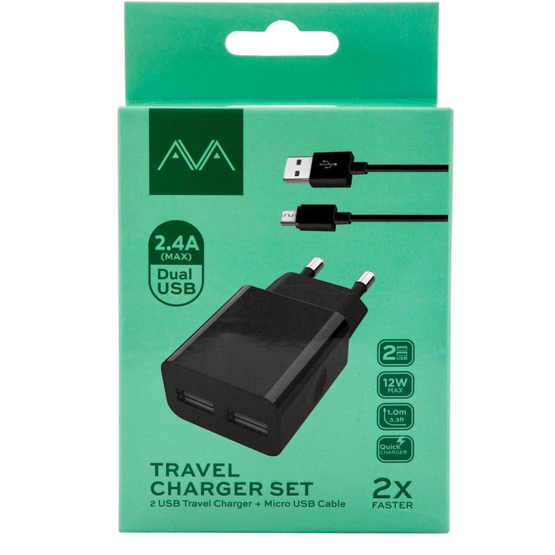 Сетевое зарядное устройство 2*USB, 2.4A + каб. MicroUSB, AVA, Черный (AV-CHT002M) - фото #3, Technodom.kz