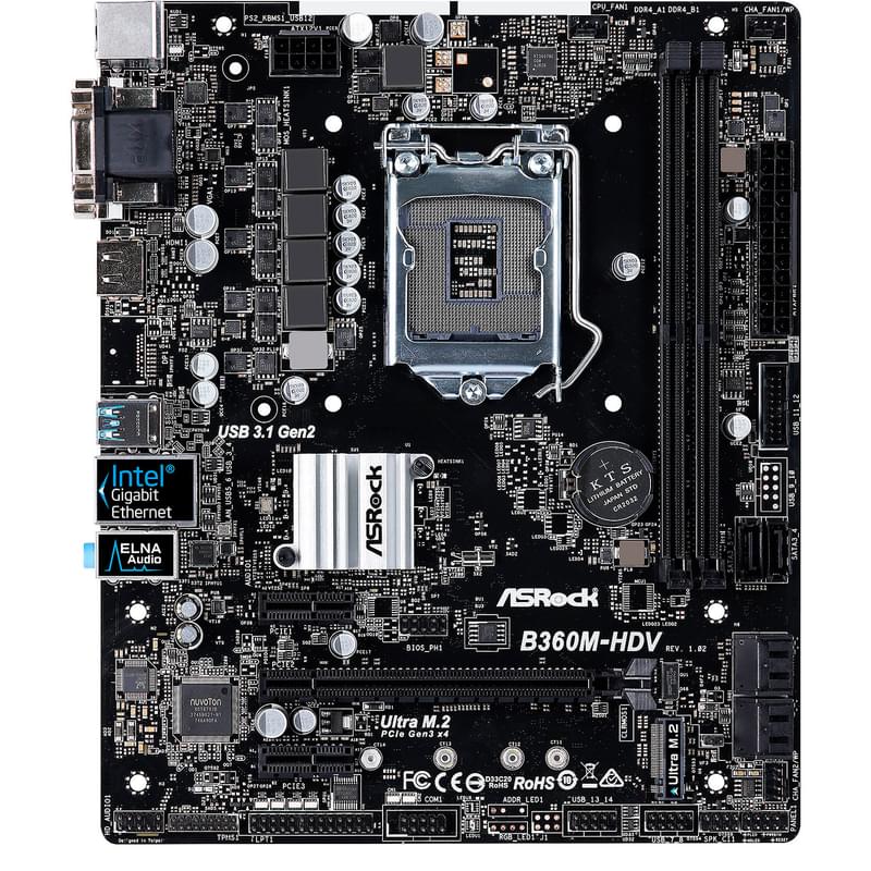 Материнская плата ASRock B360M-HDV LGA1151 2DDR4 PCI-E 1x16 2x1 (HDMI+DVI-D+VGA) mATX - фото #0, Technodom.kz