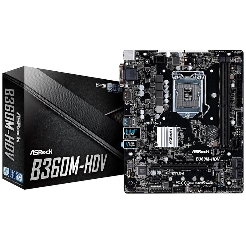 Материнская плата ASRock B360M-HDV LGA1151 2DDR4 PCI-E 1x16 2x1 (HDMI+DVI-D+VGA) mATX - фото #2, Technodom.kz