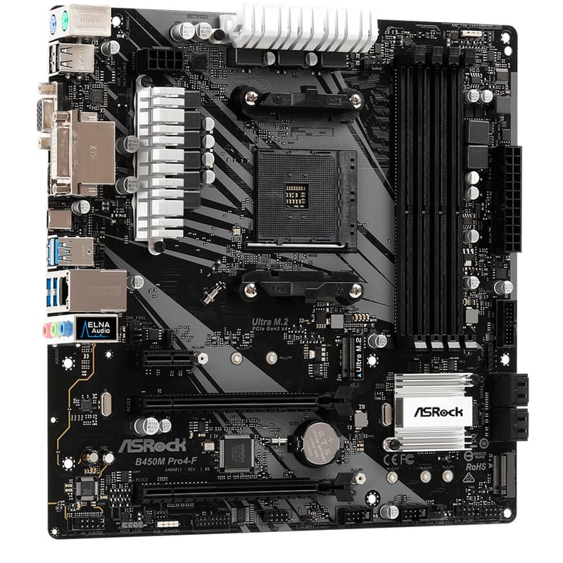 Материнская плата ASRock B450M PRO4-F AM4 4DDR4 PCI-E 2x16 1x1 (HDMI+DVI-D+VGA) mATX - фото #1, Technodom.kz
