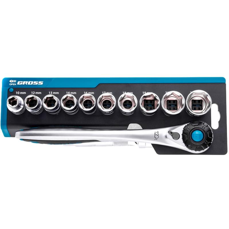 Набор торцевых головок Gross 12 предметов CrV 1/2" трещотка 120 зубьев (14138M) - фото #0, Technodom.kz