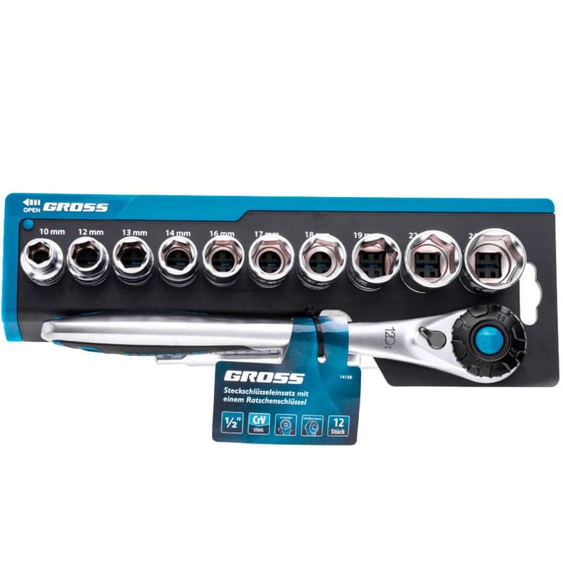 Набор торцевых головок Gross 12 предметов CrV 1/2" трещотка 120 зубьев (14138M) - фото #3, Technodom.kz