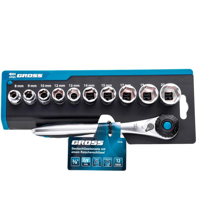 Набор торцевых головок Gross 12 предметов CrV 1/4" трещотка 120 зубьев (14141M) - фото #3, Technodom.kz