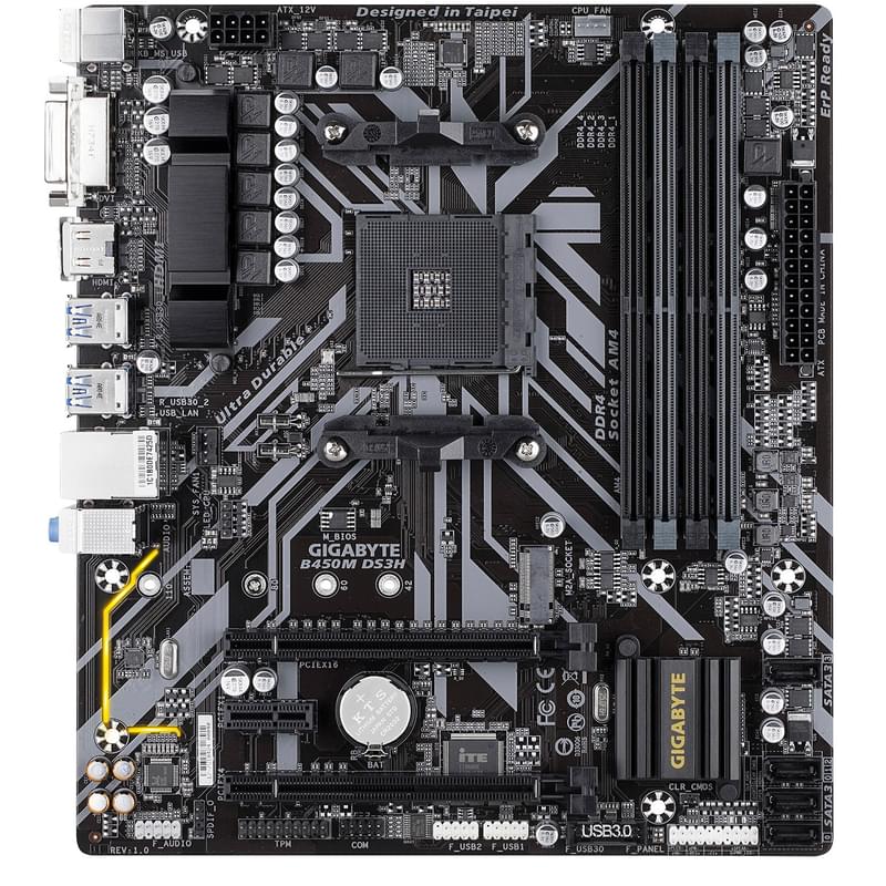 Материнская плата Gigabyte B450M DS3H AM4 4DDR4 PCI-E 2x16, 1x1 (HDMI+DVI) MATX - фото #0, Technodom.kz