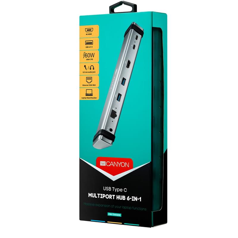 Мультипортовая док-станция Сanyon, 6-в-1 USB Type C PD (60W), Черно-серый (CNS-TDS06DG) - фото #3, Technodom.kz