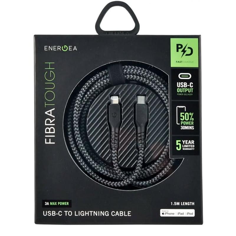 Type-C - Lightning кабелі (MFi) FIBRATOUGH, 3A (60Вт), Energеa, 1.5м, Қара (CBL-FTCL-BLK150) - фото #1, Technodom.kz