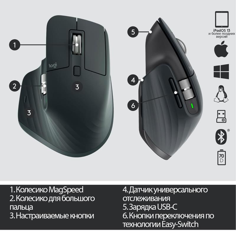 Мышка беспроводная USB/BT Logitech MX Master 3, Graphite - фото #6, Technodom.kz