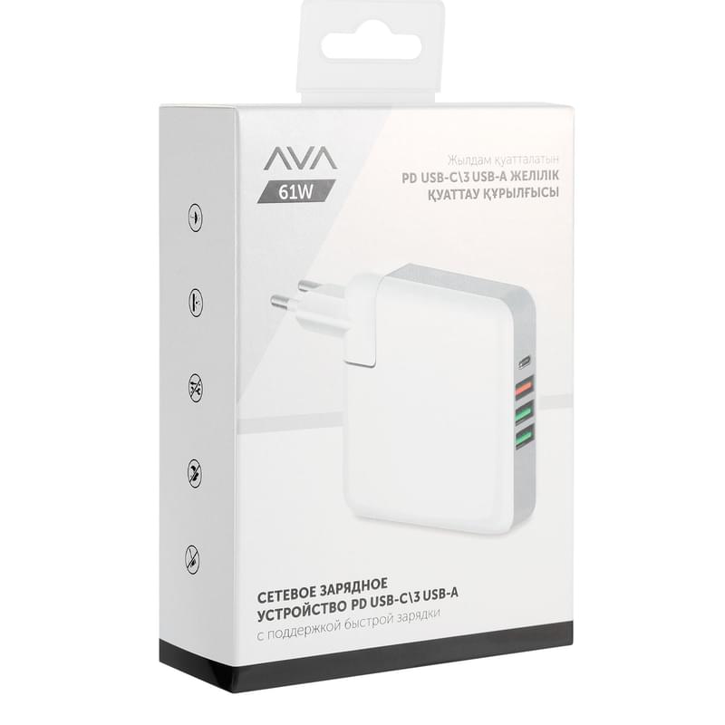 Сетевое зарядное устройство 3*USB, 1*USB Type-C 3A, 61W (PD), Ava, Белый (AV-PD-001) - фото #3, Technodom.kz