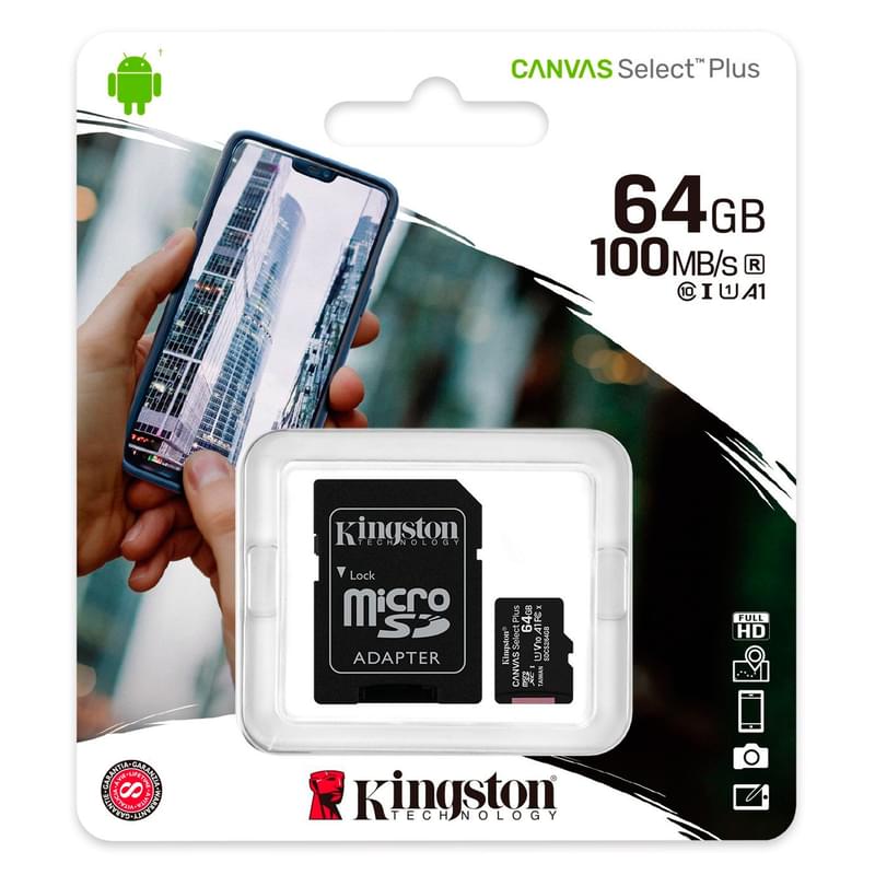 Карта памяти MicroSD 64GB Kingston Canvas Select Plus, UHS-I 100MB/s, Class 10 (SDCS2/64GB) - фото #2, Technodom.kz