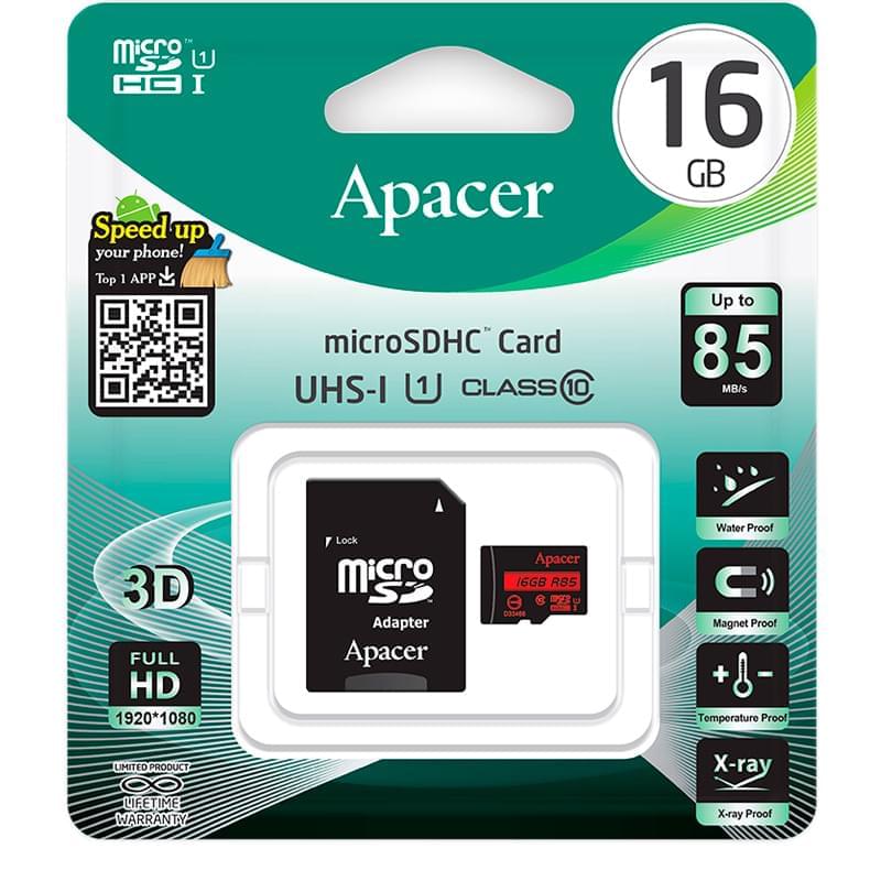 Карта памяти MicroSD 16GB Apacer, UHS-I 85MB/s, Class 10 + SD Adapter (AP16GMCSH10U5-R) - фото #0, Technodom.kz