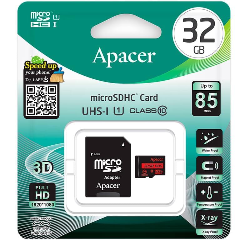 Карта памяти MicroSD 32GB Apacer, UHS-I 85MB/s, Class 10 + SD Adapter (AP32GMCSH10U5-R) - фото #0, Technodom.kz