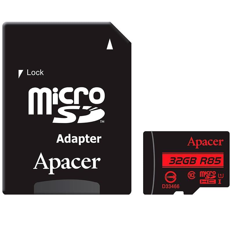 Карта памяти MicroSD 32GB Apacer, UHS-I 85MB/s, Class 10 + SD Adapter (AP32GMCSH10U5-R) - фото #1, Technodom.kz