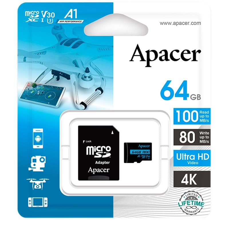 Карта памяти MicroSD 64GB Apacer, UHS-I 100MB/s, Class 10 + SD Adapter (AP64GMCSX10U7-R) - фото #0, Technodom.kz