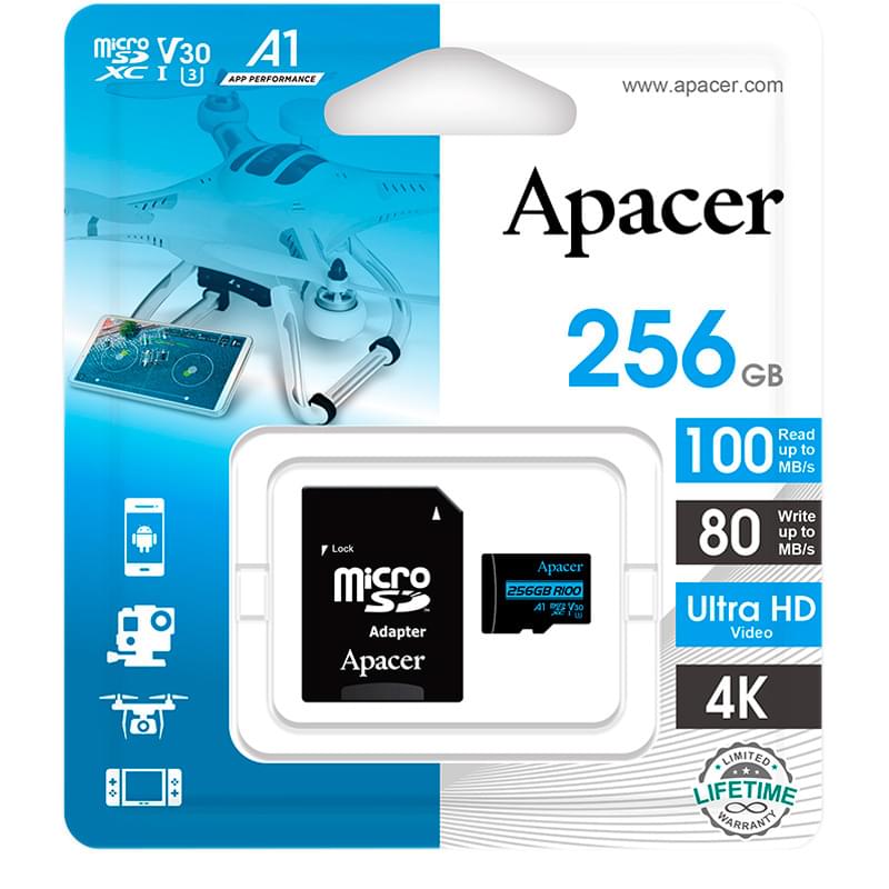 Карта памяти MicroSD 256GB Apacer, UHS-I 100MB/s, Class 10 + SD Adapter (AP256GMCSX10U7-R) - фото #0, Technodom.kz