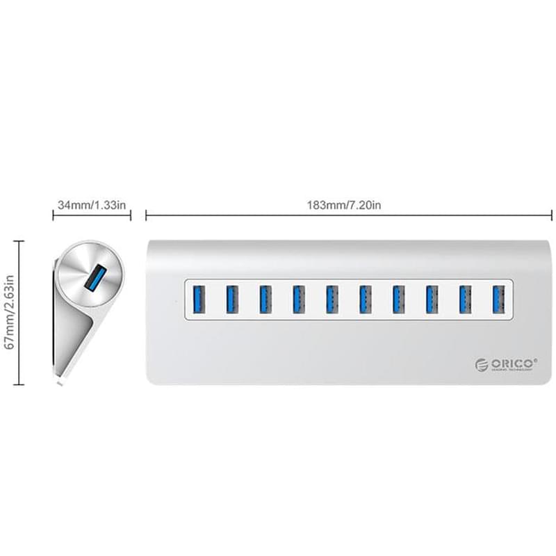 Адаптер USB Hub ORICO to 10*USB 3.0, Silver (M3H10-V1-EU-SV-BP) - фото #2, Technodom.kz