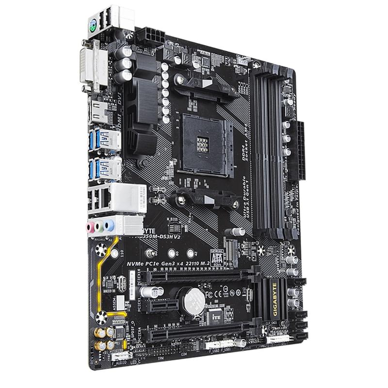 Материнская плата Gigabyte GA-AB350M-DS3H V2 AM4 4DDR4 PCI-E 2x16 1x1 (HDMI+DVI) mATX - фото #1, Technodom.kz