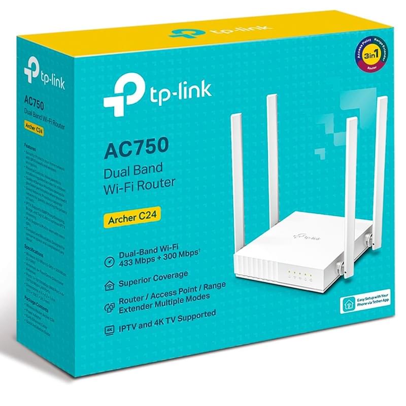 Беспроводной маршрутизатор, TP-Link Archer C24 Dual Band, 4 порта + Wi-Fi, 733 Mbps (Archer C24) - фото #3, Technodom.kz
