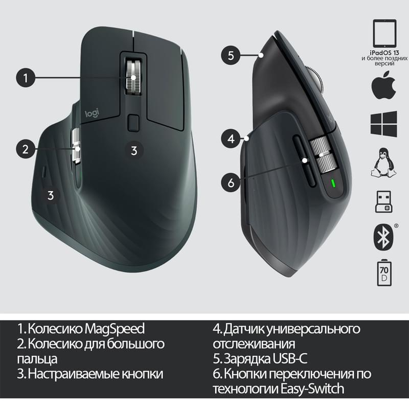 Мышка беспроводная USB/BT Logitech MX Master 3, Black - фото #6, Technodom.kz