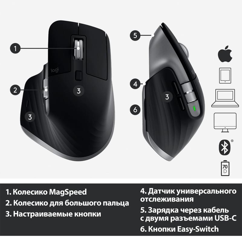 Мышка беспроводная USB/BT Logitech MX Master 3 Mac, Space Grey - фото #7, Technodom.kz