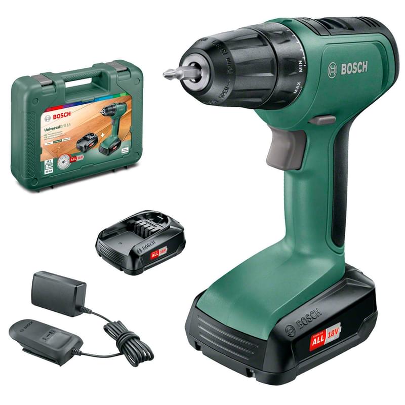 Дрель-шуруповерт Bosch UniversalDrill 18 аккумуляторная 2 акк (06039C8005) - фото #0, Technodom.kz