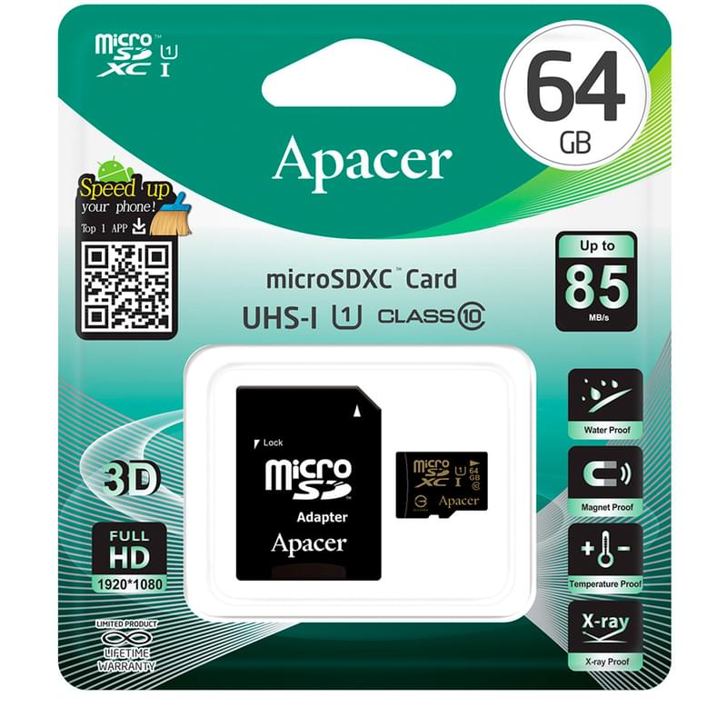 Карта памяти MicroSD 64GB Apacer Class 10 + SD Adapter (AP64GMCSX10U1-R) - фото #0, Technodom.kz