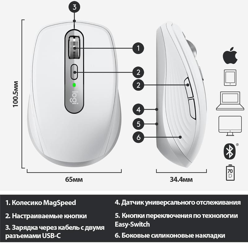 Мышка беспроводная USB/BT Logitech MX Anywhere 3 for Mac, Pale Grey (910-005991) - фото #7, Technodom.kz