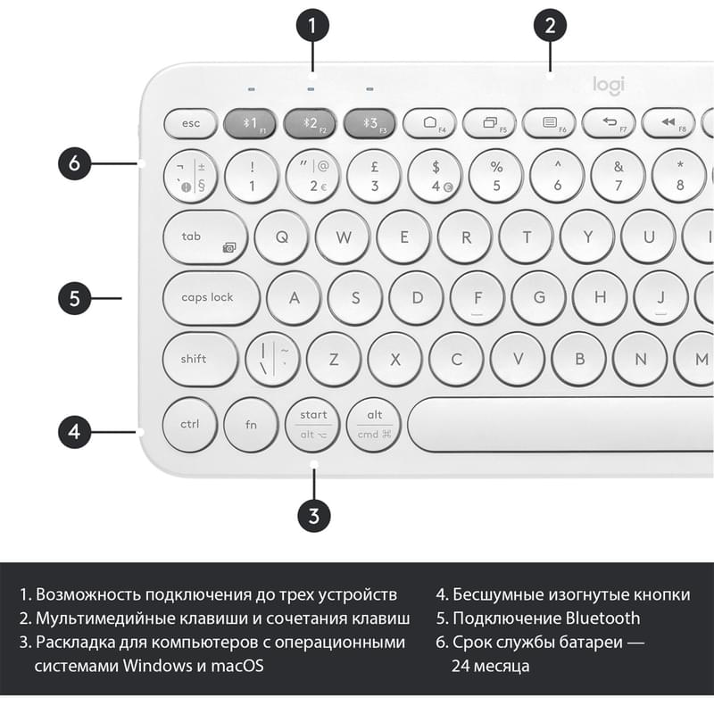 Клавиатура беспроводная BT Logitech K380, White (920-009589) - фото #6, Technodom.kz